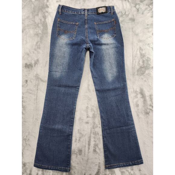 Vintage KUL USA Ribbon Lace Side Detail Mid Rise Flare Jeans Size 11 Blue Brown - Picture 3 of 14